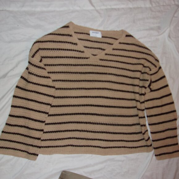 size  large soft tan black  striped casual dress shirt sweater womens - Picture 1 of 3
